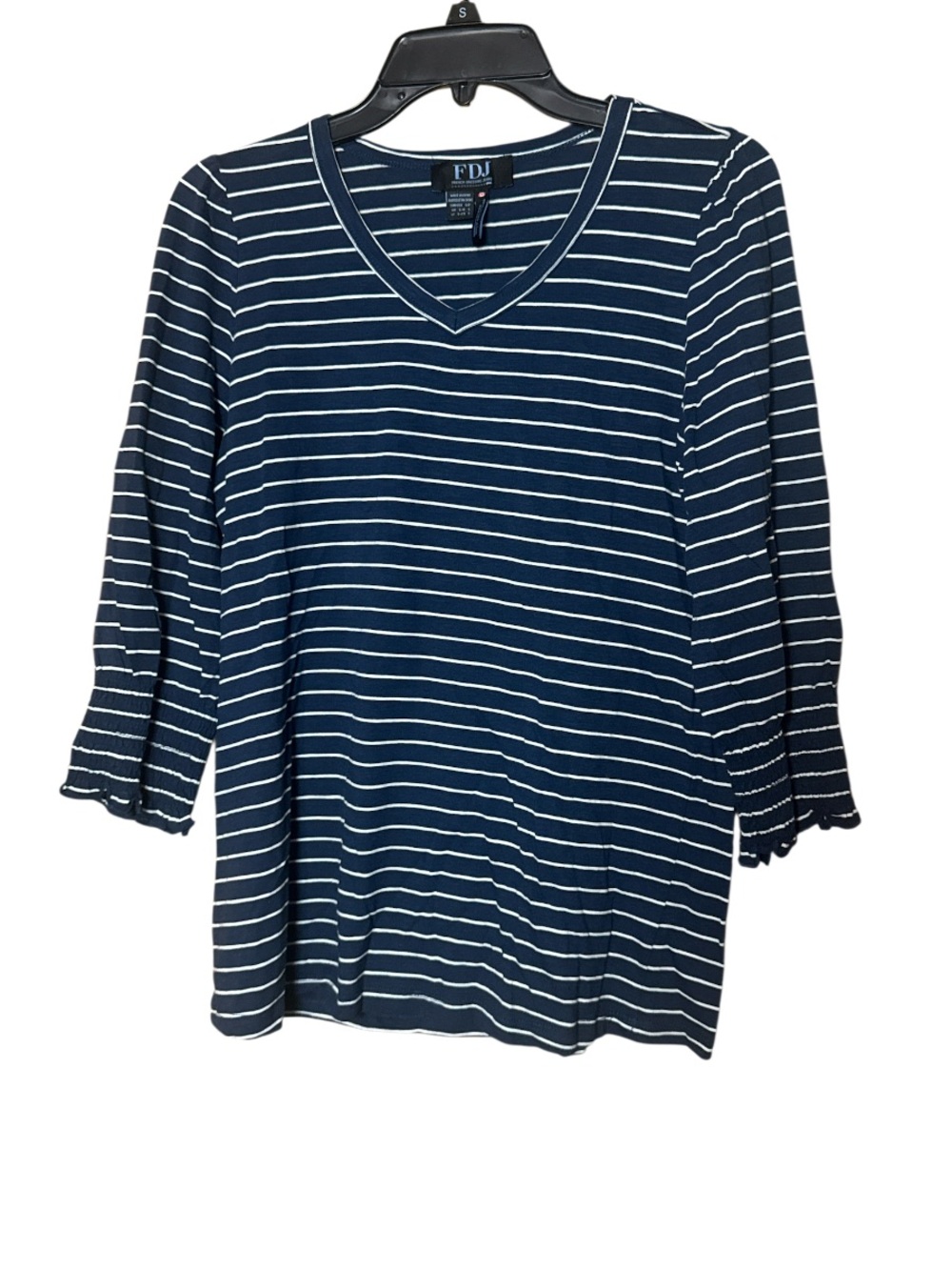 FDJ Navy & White Striped V-Neck Long Sleeve Top - Size S